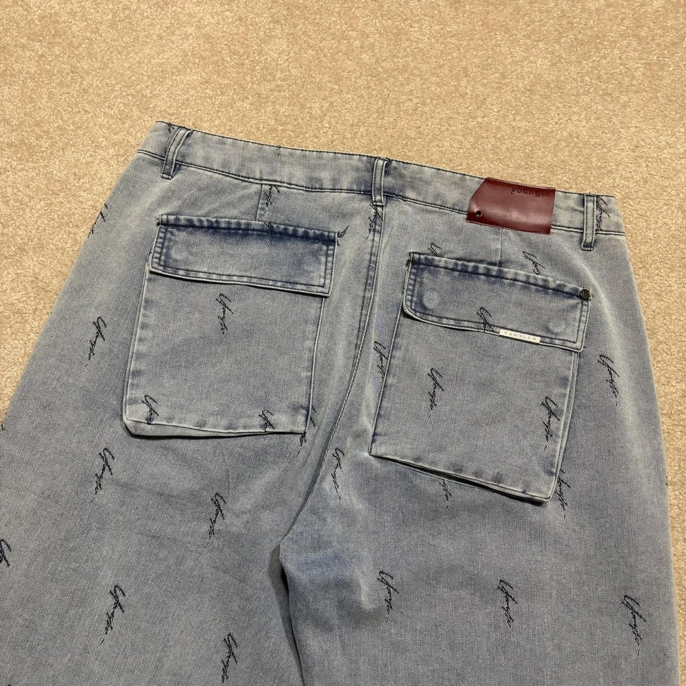 YoungLA Jeans‎ Mens XXL 38x32 Blue Straight AOP Denim Streetwear Baggy Grunge